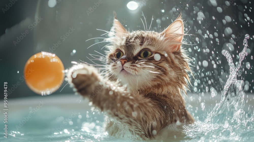 Aufkleber a playful cat batting at a toy floating in a bath, with its fur wet and water splashing around