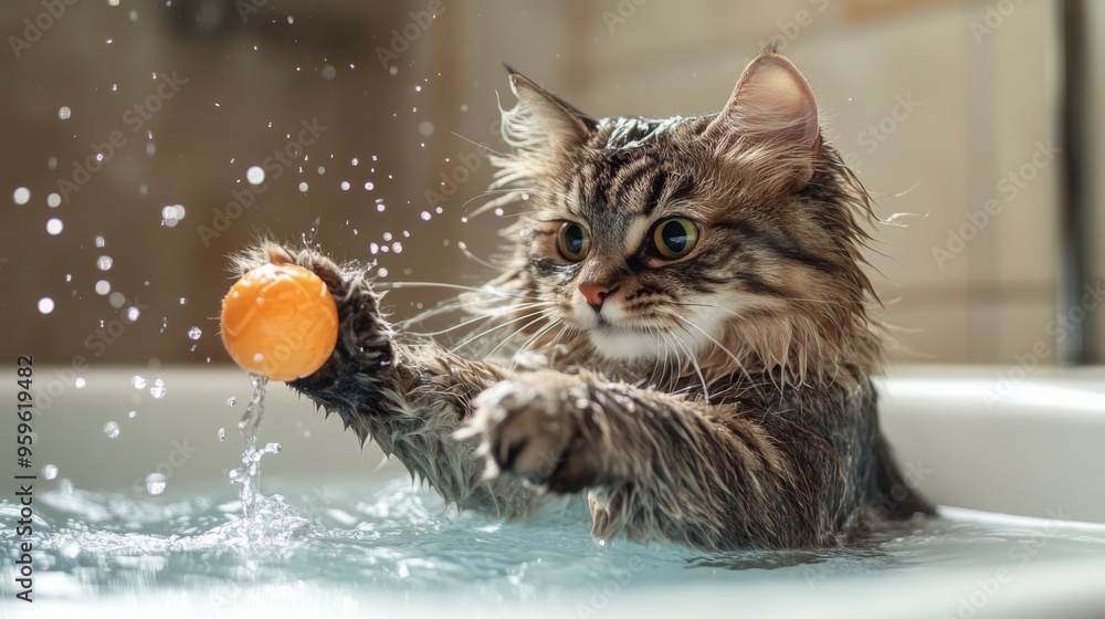 Poster a playful cat batting at a toy floating in a bath, with its fur wet and water splashing around