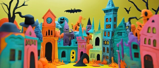 Colorful Halloween Village with Buildings, Ghosts, and Bats
