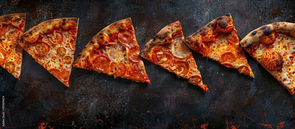 Poster pizza slices arranged in a row on a worn dark black textured background with copyspace at the top