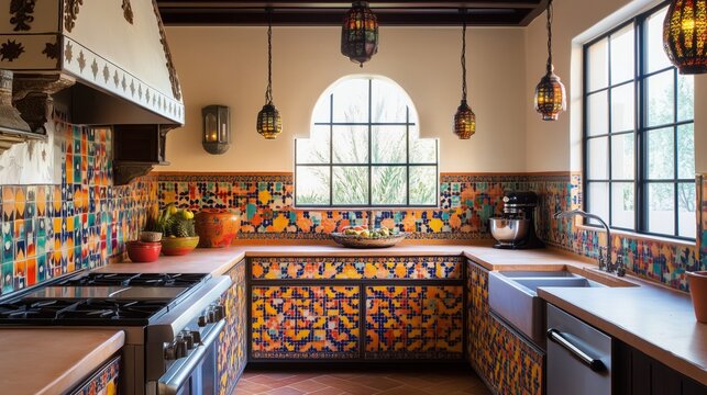 Moroccan-style kitchen featuring lantern illumination and vibrant tiling.