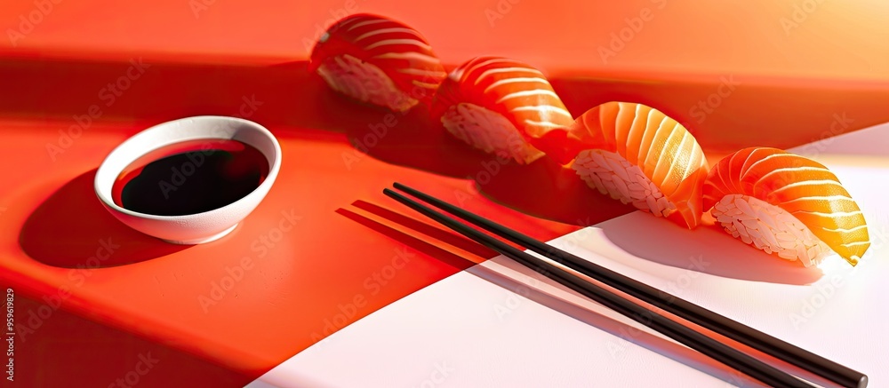 Poster fresh salmon nigiri alongside soy sauce and chopsticks on a red orange and white surface captured in