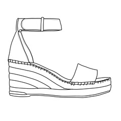 Women's Wedge Sandal with ankle strap Line art,Technical sketch hand drawing outline vector doodle illustration isometric side view isolated on white background