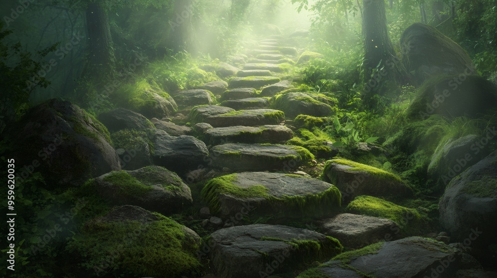 Poster a stone path through a misty forest with sunlight streaming through the trees.