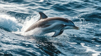 Naklejka premium A playful dolphin surfacing next to a boat, with its sleek body and curious eyes clearly visible above the water