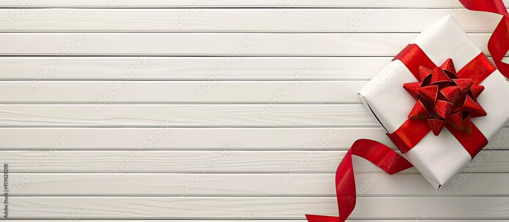 Poster gift box and ribbon displayed on a white wooden table. copy space image. place for adding text and d