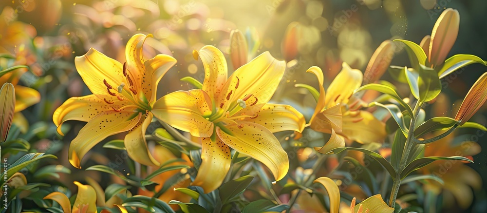 Poster Close up of a lily bush Yellow lily variety in bloom Lovely flowering garden shrubs blossoming in summer. Copy space image. Place for adding text and design