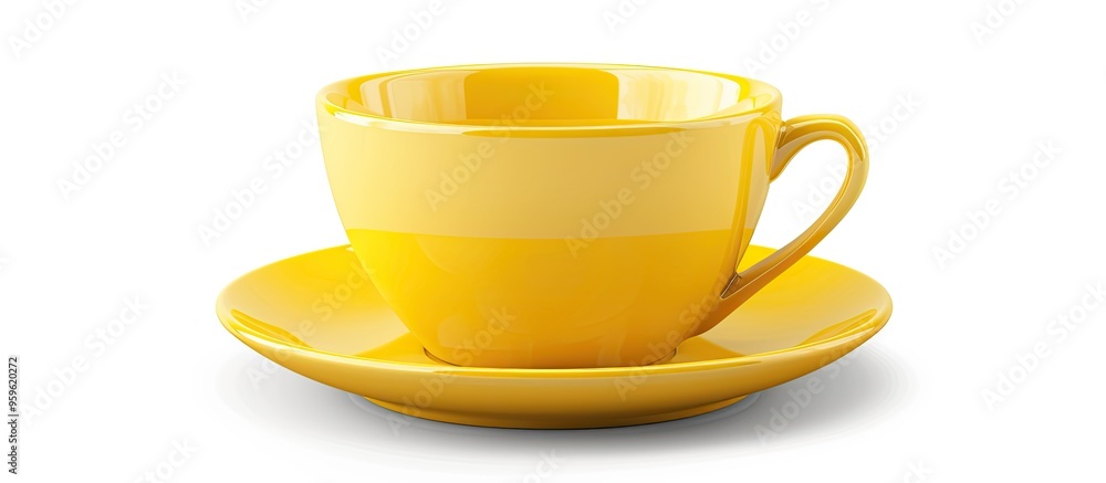 Poster a yellow cup with a saucer on a white background. copy space image. place for adding text and design