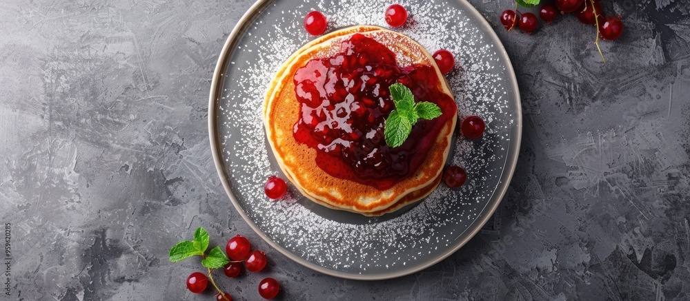 Canvas Prints Pancakes topped with red berry jam and mint set against a light grey stone background American cuisine Breakfast. Copy space image. Place for adding text and design