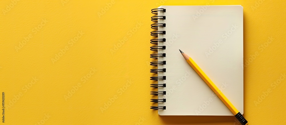 Poster top view of a notebook and pencil on a yellow background with copyspace