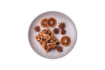Delicious sweet nutrition bars with nuts, dried berries gluten free