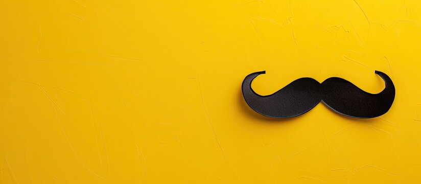 Happy Father s Day birthday party Purim Halloween theme Black paper mustache with copyspace for text on a yellow background Top view