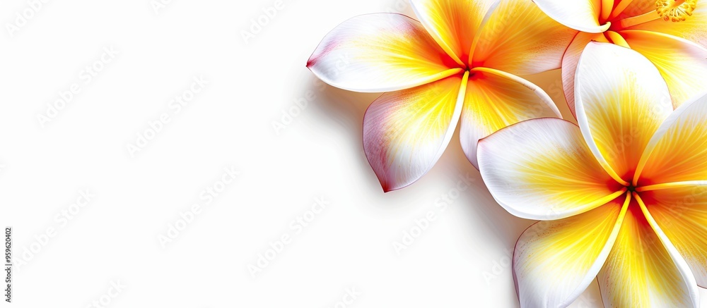 Poster frangipani flower set against a white background. copy space image. place for adding text and design