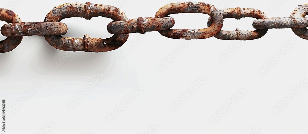 Poster close up of an old rusty chain on a white background with copy space