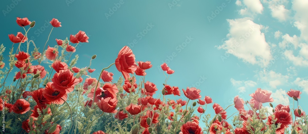 Sticker red poppies against a blue sky backdrop. Copy space image. Place for adding text and design