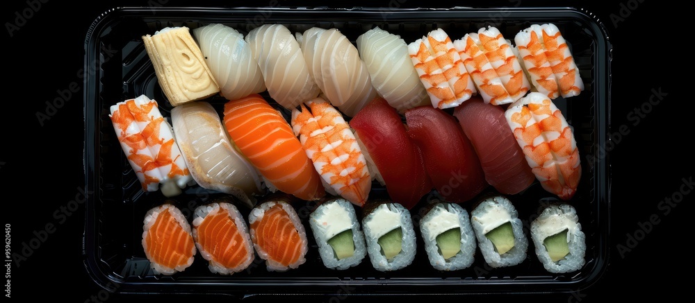 Poster a photo displaying an assortment of sushi types neatly arranged and packed in a container. copy spac