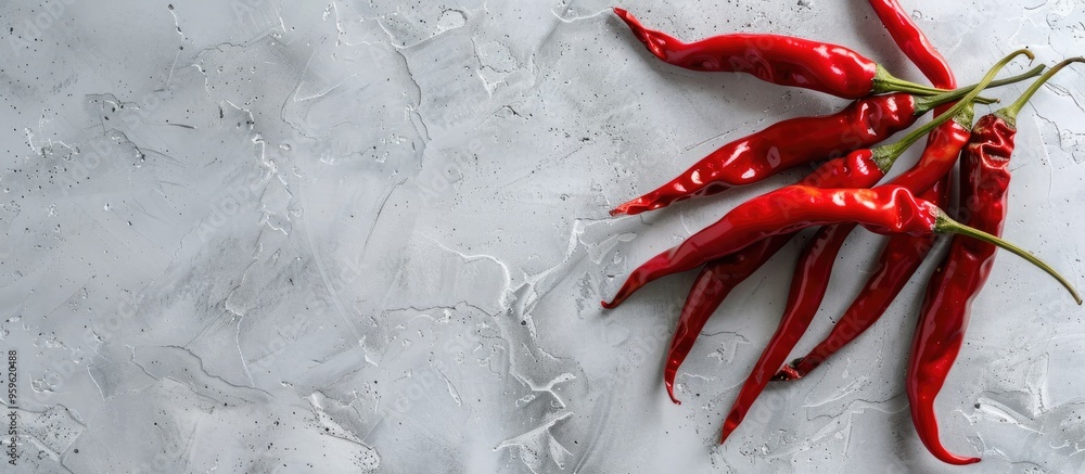 Poster a bunch of red chillies on a white table with room for text. copy space image. place for adding text