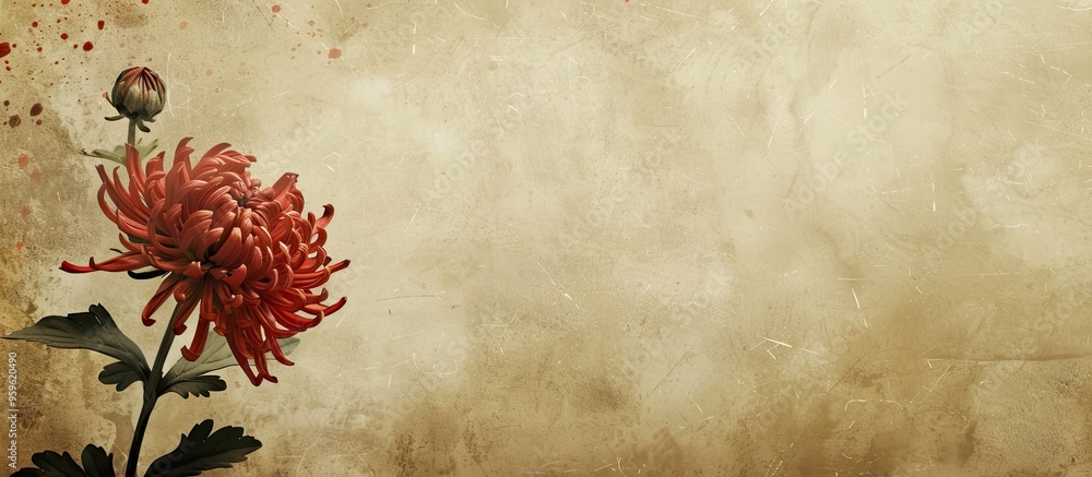 Poster textured vintage paper backdrop featuring dark red spray chrysanthemum. copy space image. place for 
