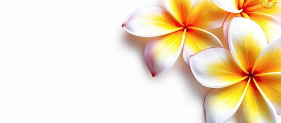 Frangipani flower set against a white background. Copy space image. Place for adding text and design