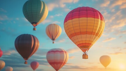 Obraz premium Hot air balloons in vibrant colors soaring against a sunset sky, painting the air with warmth and color.