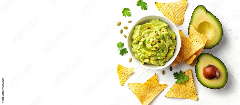Poster tasty guacamole avocado and chips on a white background viewed from above area for text. copy space 