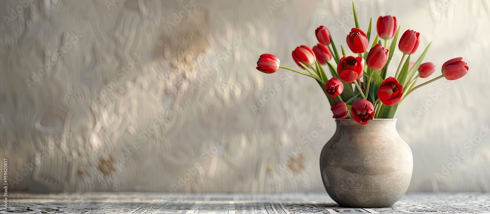 Poster red tulips in a vase on a mosaic table horizontal orientation. copy space image. place for adding te