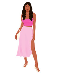 Illustration of a Black woman in a stylish vacation outfit, showcasing confidence and elegance, perfect for travel, fashion, and lifestyle content.