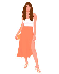 Illustration of a woman in a stylish vacation fashion outfit, showcasing elegance and confidence, perfect for travel, fashion, and lifestyle content.