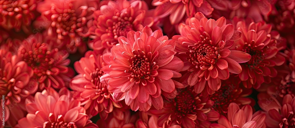 Poster red chrysanthemums bouquet in flower shop as backdrop. copy space image. place for adding text and d