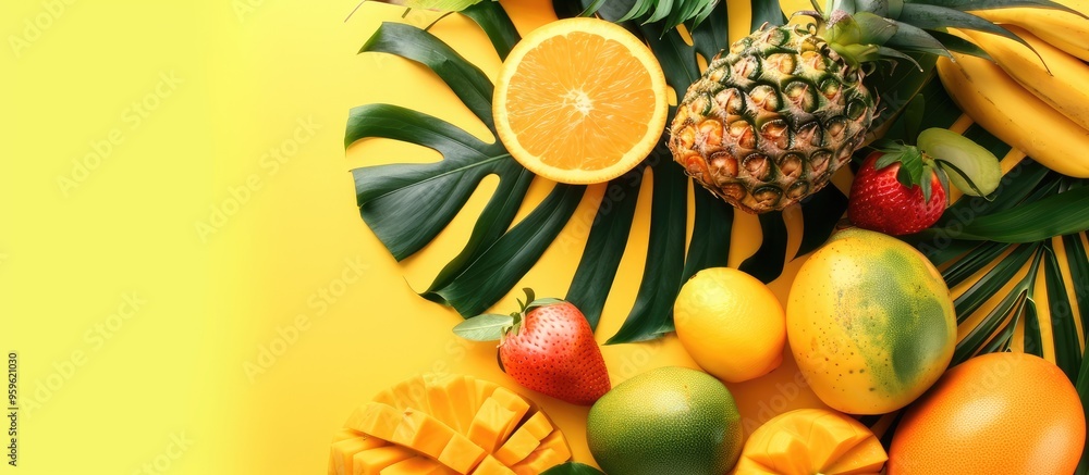 Poster top view of an arrangement featuring various fresh tropical fruits and green leaves placed on a yell