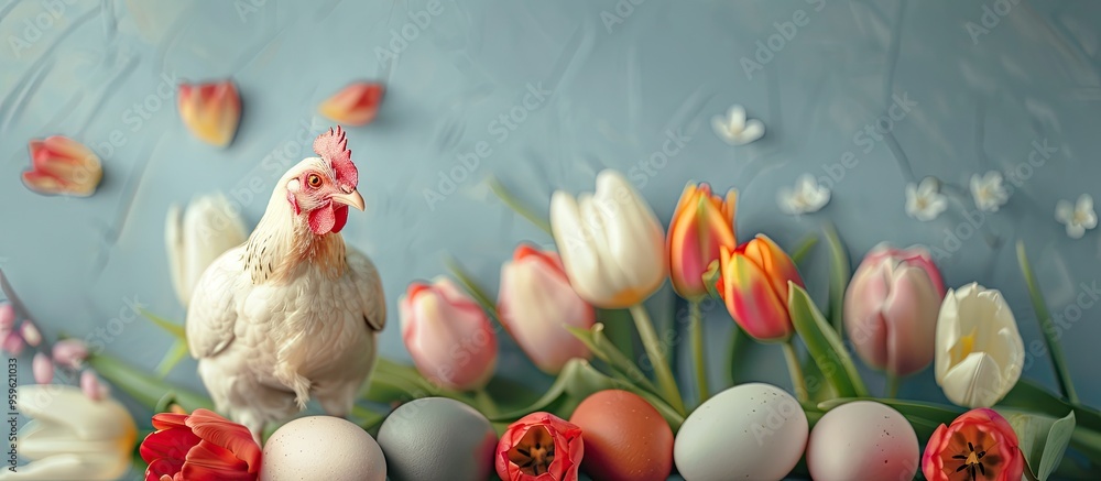 Poster chicken and quail eggs alongside tulips easter themed backdrop. copy space image. place for adding t
