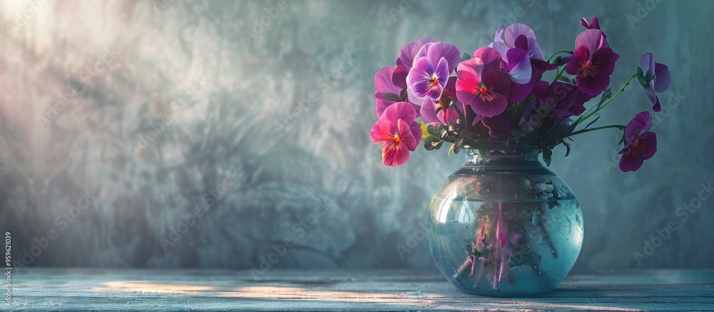 Poster pansy flowers in a vase rustic still life with bright lighting. copy space image. place for adding t