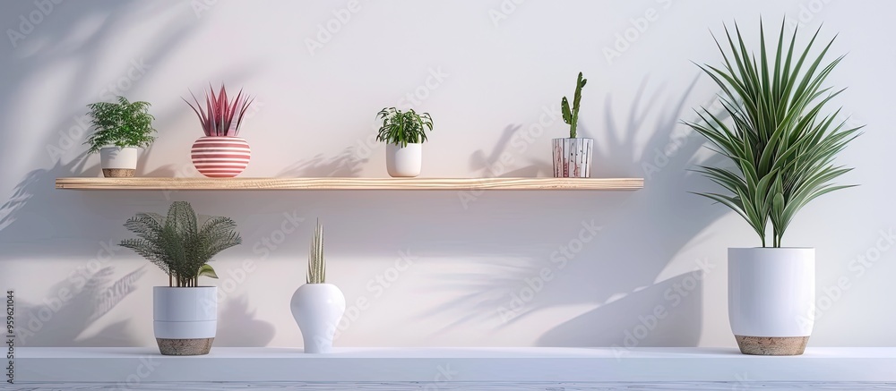 Aufkleber shelves featuring various decor next to a white wall with space for text interior design. copy space