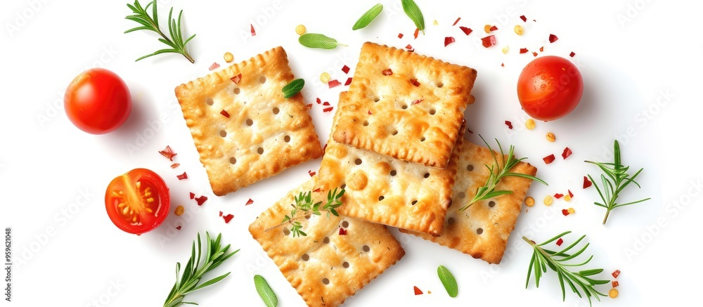 Aufkleber snack crackers topped with herbs and tomatoes isolated on a white background. copy space image. plac