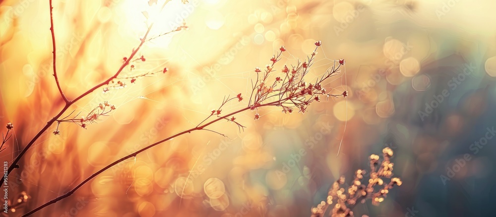Poster autumn abstract background featuring a dry plant at sunrise with a web in a vintage retro style. cop