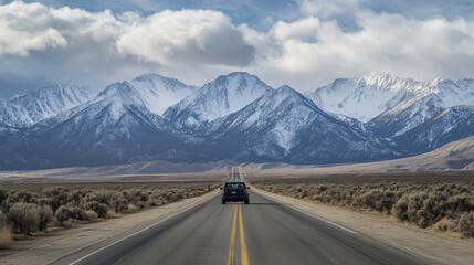 Naklejka premium A car drives along a straight, paved road. In the background, snow-capped mountains rise up against a cloudy sky.