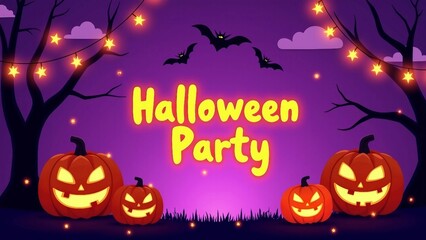 Halloween Party Invitation with Pumpkins, Stars, and Bats