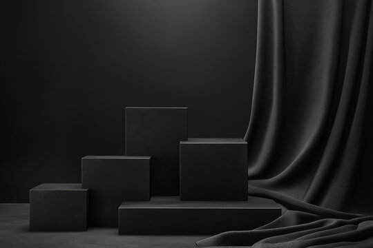 Abstract black background with cube-shaped podiums and fabric drape