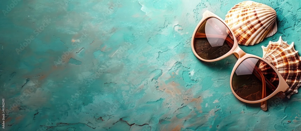 Poster sunglasses with a seashell resting on a table background sunglasses set against a summer backdrop to