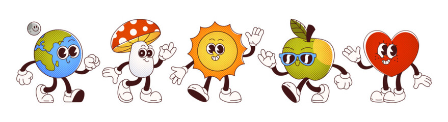 Cute groovy cartoon characters. Comic retro vector mascot with funny faces, hands and legs - Earth globe with moon, mushroom with red dotted cap, sun with burst, green apple in sunglasses, heart.