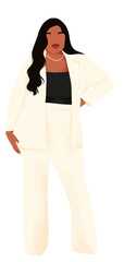 Illustration of a plus-size Black woman in formal business attire, showcasing confidence, professionalism, and style, perfect for business and fashion content.