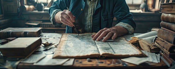 Naklejka premium A person studies an old map on a rustic wooden desk surrounded by books and documents, evoking a sense of history and exploration.