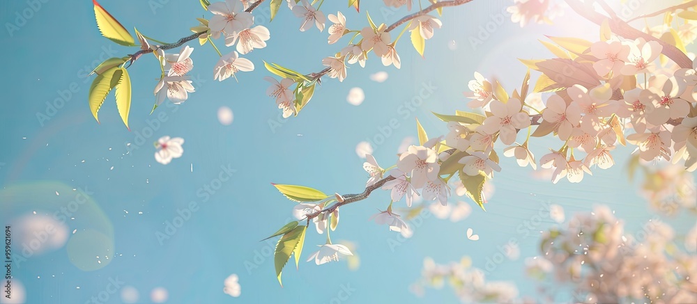 Poster branch of a cherry blossom tree in a sunny garden with a clear blue sky in the background gentle nat