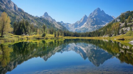 A tranquil mountain lake with crystal clear waters reflecting the surrounding majestic peaks on a sunny day.