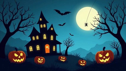 Haunted House with Jack-o'-Lanterns and Full Moon Halloween Scene