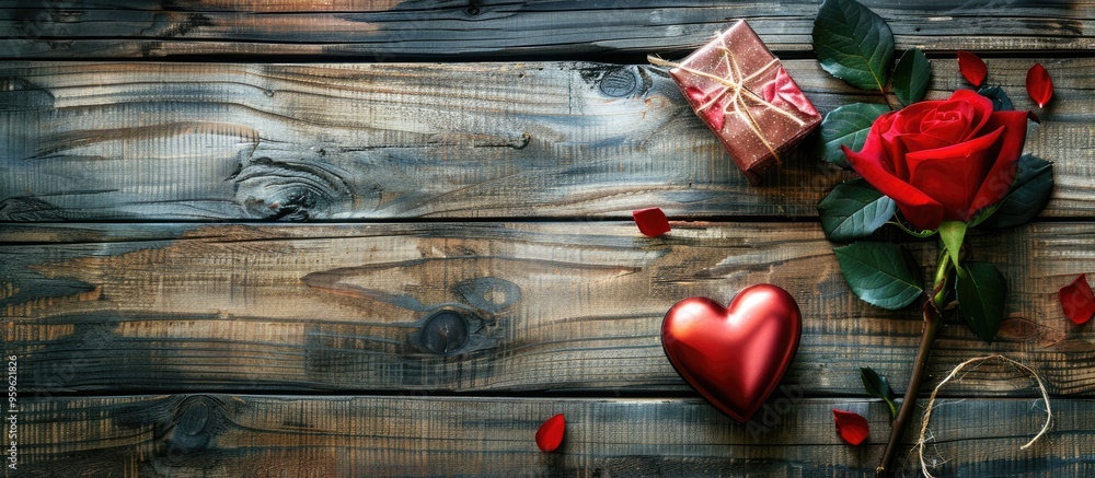 Sticker Red rose red heart and a gift box on a rustic wooden background with copyspace for text