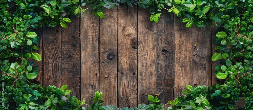 Poster wooden backdrop top view bordered by tree leaves. copy space image. place for adding text and design