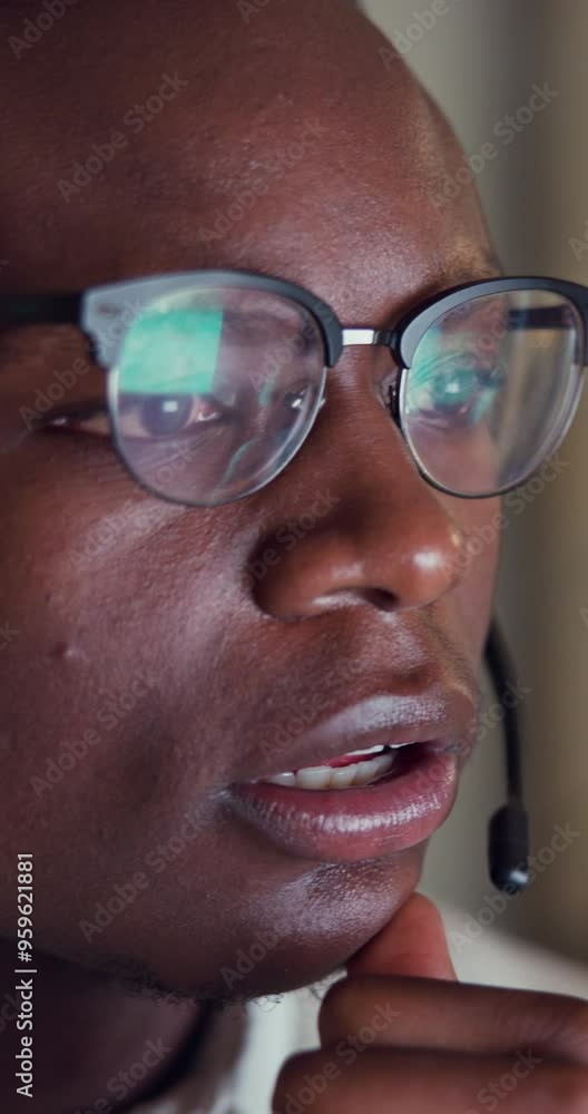 Poster call center, black man and face closeup with working, digital consultation and customer service in o