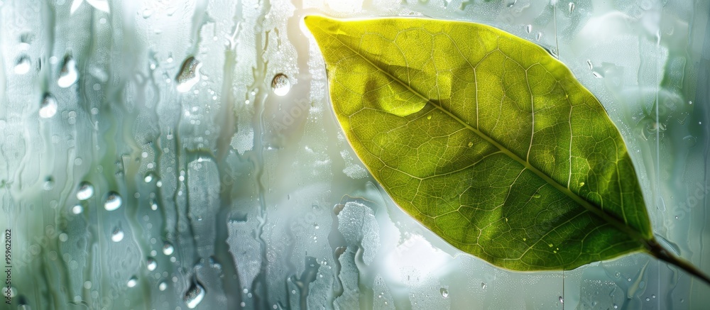 Poster nature backdrop featuring a leaf behind decorative glass. copy space image. place for adding text an