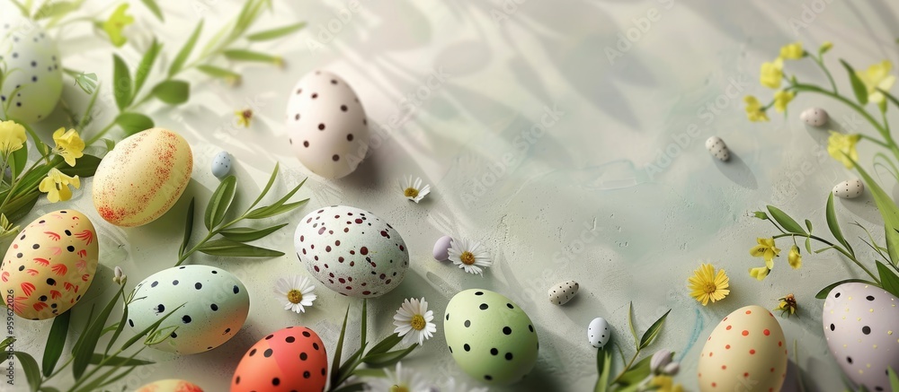 Poster arrangement of easter eggs and flowers on a light background. copy space image. place for adding tex